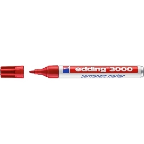 Edding 3000 Rotulador Permanente - Punta Redonda de 1.5mm - Trazo entre 1.5 y 3mm - Recargable - Secado Rapido - Color Rojo