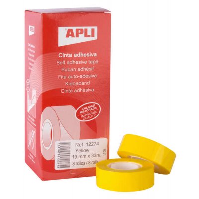 Apli Cinta Adhesiva Polipropileno 19mm x 33m - Resistente al Agua y a la Intemperie - Facil de Cortar con las Manos - Ideal para Etiquetar y Marcar - Color Amarillo