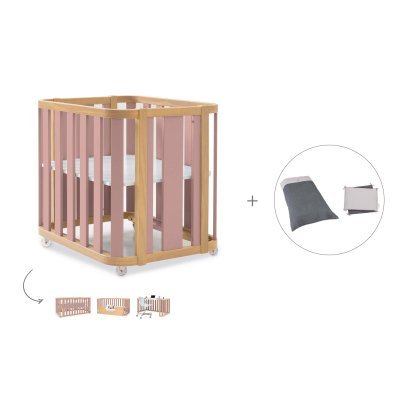 Minicuna-cuna (4en1) madera/rosa + textil cuna Stone grey · Crea Plus Tre Quarzo Rosa