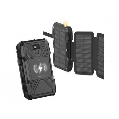 Powerbank solar Head 10000 mAh 22.5W - 5 paneles solares | Carga inalámbrica y simultánea | Power Delivery | Pantalla LCD y linterna | Color negro