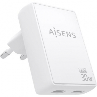 Cargador de Pared GaN Aisens ASCH-30W2P075-W/ 2xUSB Tipo-C/ 30W/ Blanco