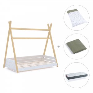 Cama júnior Montessori madera 90x200 cm + colchón + textil Espuma do mar · Homy Life XL