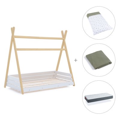 Cama júnior Montessori madera 90x200 cm + colchón + textil Espuma do mar · Homy Life XL