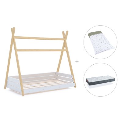 Cama júnior Montessori madera 90x200 cm + colchón + nórdico Espuma do mar · Homy Life XL