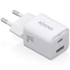 Cargador de Pared GaN Aisens ASCH-30W2P020-W/ 1xUSB Tipo-C/ 1xUSB/ 30W