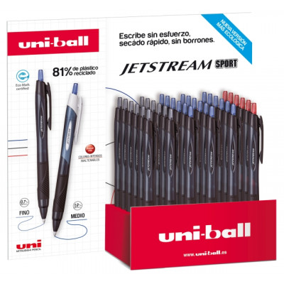 Uni-ball SXN-157E JetStream Sport Expositor de 36 Boligrafos Retractiles - Punta de Bola 0.7mm - Tinta Pigmentada Resistente al Agua y Luz - Secado Instantaneo - Colores Surtidos