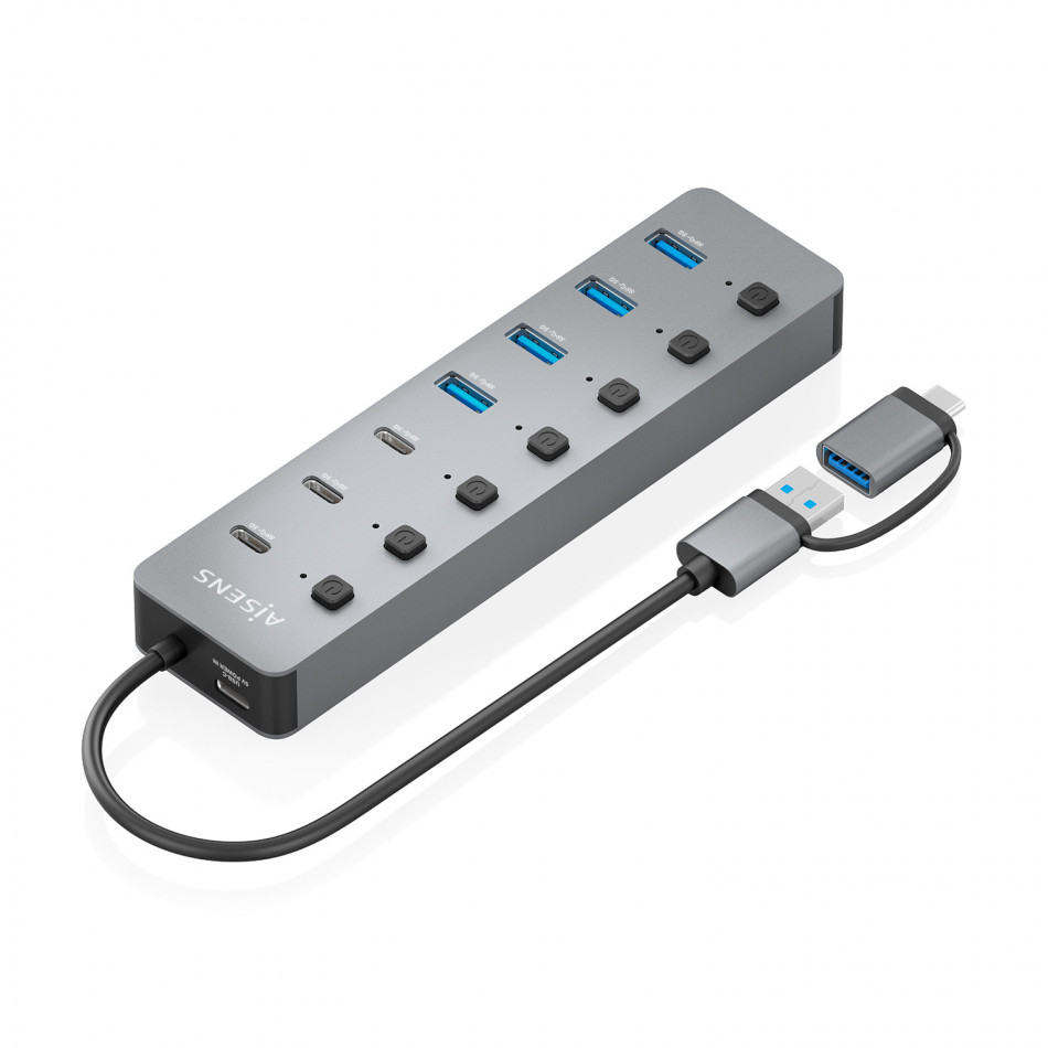 AISENS - HUB USB3.1 Gen1 USB-C USB-A, USB-C/M+USB-A/M-4xUSB-A/H+3xUSB-C/H+1xUSB-C/H ALIM., GRIS, 30CM