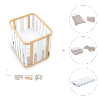 Minicuna-cuna (4en1) madera/blanca + colchón + textil Arena · Crea Plus Tre Life