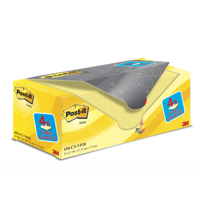 Post-It Pack de 20 Blocs de 100 Notas Adhesivas Reposicionables - Forma Cuadrada - 76x76mm - Color Amarillo Claro