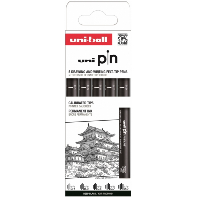 Uni-ball Uni Pin Clasico I Pack de 5 de Rotuladores Calibrados 0.1, 0.3, 0.5, 0.7 y 0.9 - Punta Poliacetal - Tinta Pigmentada Resistente al Agua y Luz - Color Negro