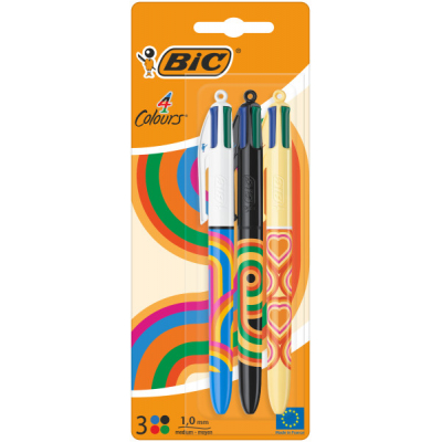 Bic 4 Colours Decors Pack de 3 Boligrafos de Bola Retractil - Punta Media de 1.0mm - Tinta con Base de Aceite - 4 Colores