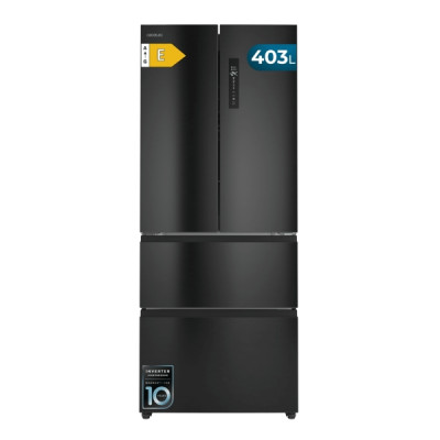 Cecotec Bolero CoolMarket F2D 403 Dark E Frigorifico Puerta Francesa de 4 Puertas - Capacidad 403L - Luz LED - Pantalla Digital - Compresor Inverter - Total Nofrost - Modo Vacaciones - Color Negro