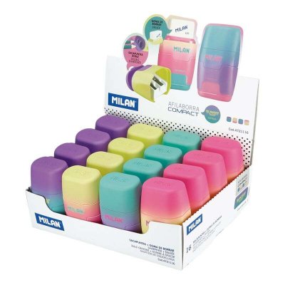 Milan Compact Sunset Expositor de 16 Afilaborras - Uso Estandar y Maxi - Cuchilla de Acero - Goma de Borrar - Cuchilla de Seguridad - Colores Surtido