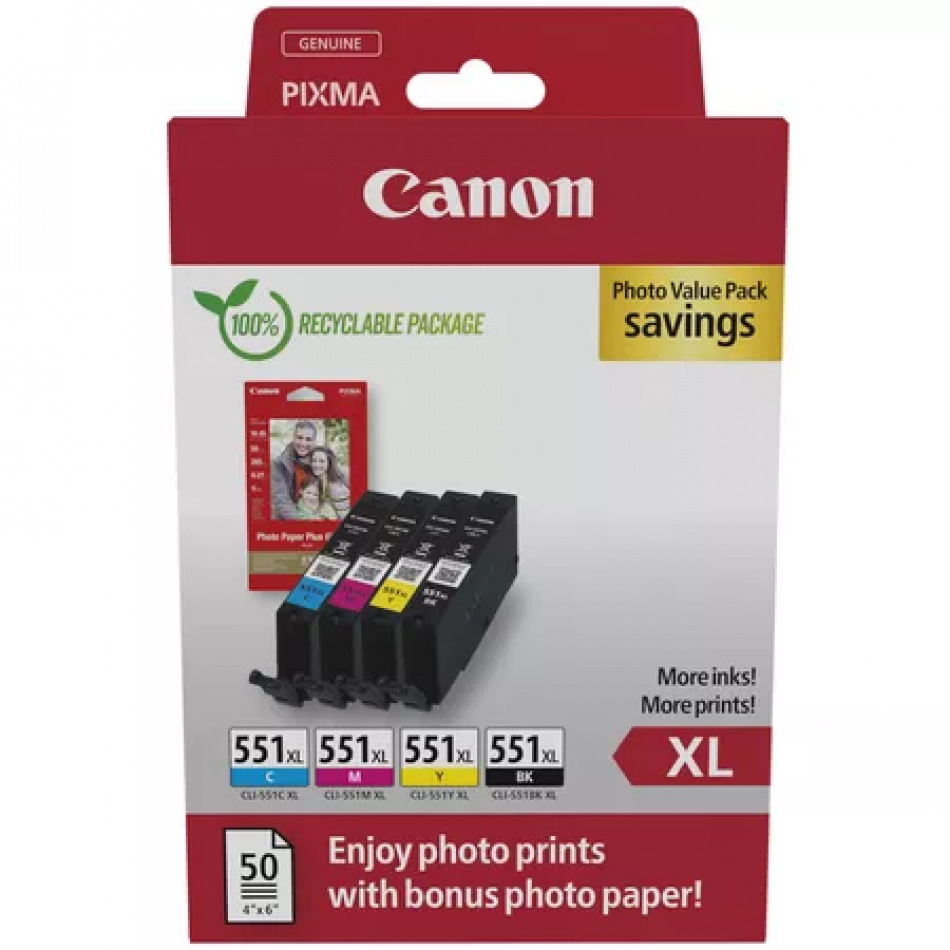 Canon CLI551XL Pack de 4 Cartuchos de Tinta Originales Negro, Magenta, Amarillo y Cyan + 50 Hojas de Papel Fotografico - 6443B008