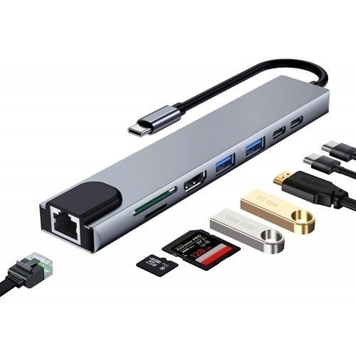 EW1146 USB-C a Dock multipuerto 8 en 1, HDMI 4K | 87W | 1x USB-C PD | 1x USB-C | 2x USB-A | LAN | Cardreader