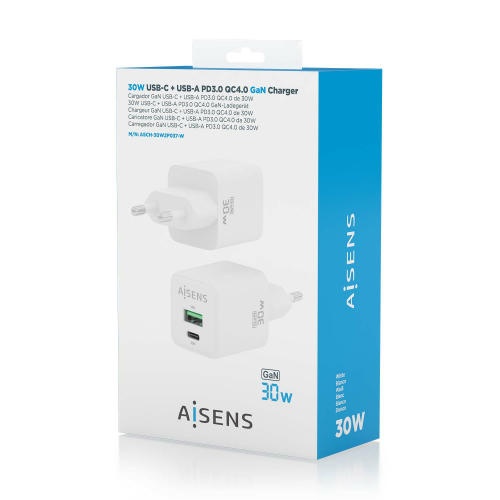 AISENS - CARGADOR GaN 30W, 1xUSB-C PD3.0 QC4.0, 1xUSB-A QC3.0, BLANCO