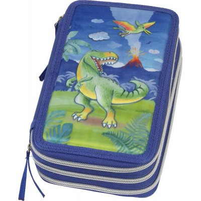 Faber-Castell Diseño Dinosaurio Estuche de 3 Pisos con Contenido de Serie: Goma de Borrar, Sacapuntas, Lapiz de Grafito HB, 2 Boligrafos (Azul y Rojo), Regla de 15cm, 18 Lapices de Colores, 18 Rotulad