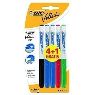 Bic Velleda Grip 4+1 Pack de 5 Rotuladores para Pizarra - Zona con Grip - Punta Media - Trazo de 1.2mm - Borrado Optimo - Colores Surtidos