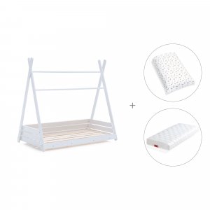 Cama cabaña Montessori blanca 70x140 cm + colchón + nórdico Natura · Homy