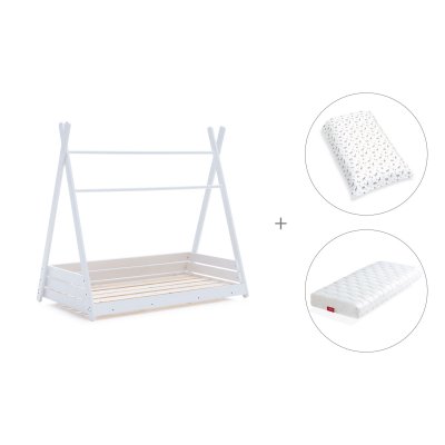 Cama cabaña Montessori blanca 70x140 cm + colchón + nórdico Natura · Homy