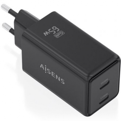 Cargador de Pared GaN Aisens ASCH-65W2P079-BK/ 2xUSB Tipo-C/ 65W/ Negro