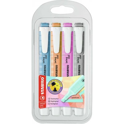 Stabilo Swing Cool Pastel Pack de 4 Marcadores Fluorescentes - Cuerpo Plano - Punta Biselada - Trazo entre 1 y 4mm - Tinta con Base de Agua - Antisecado - Colores Surtidos