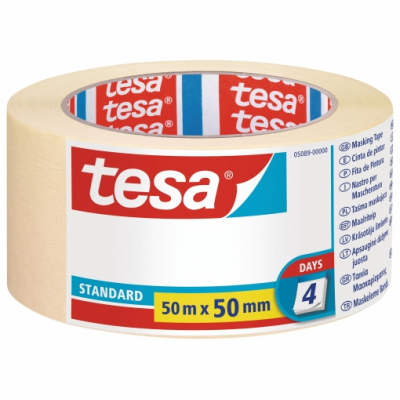 Tesa Standard Cinta de Pintor 50mm x 50m - Fabricada en Papel - Libre de Disolventes - No deja Residuos