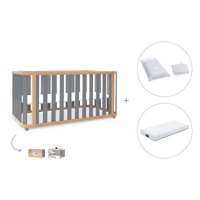Cuna-cama madera/gris 70x140 cm (3en1) + colchón + textil Galaxy · Crea Plus Due Antracita