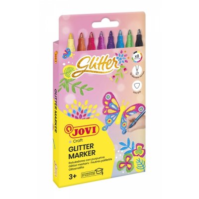 Jovi Glitter Marker Caja con 8 Rotuladores Efecto Purpurina - Tinta Base Agua - Grip Triangular Ergonomico - Punta Resistente - Tapon de Seguridad - Trazo Homogeneo - Color Surtido