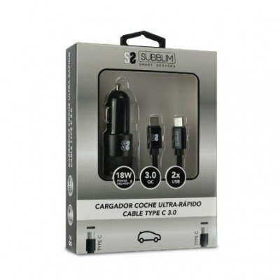 Cargador de Coche Subblim SUB-CHG-5CPD02/ 2xUSB + Cable USB Tipo-C/ 2.4A/ Negro