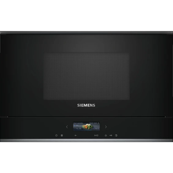 Microondas integrable Siemens BF722L1B1 iQ700, 21 litros, 900 W Inverter, TFT táctil, 7 programas automáticos, humidClean, apertura lateral, negro