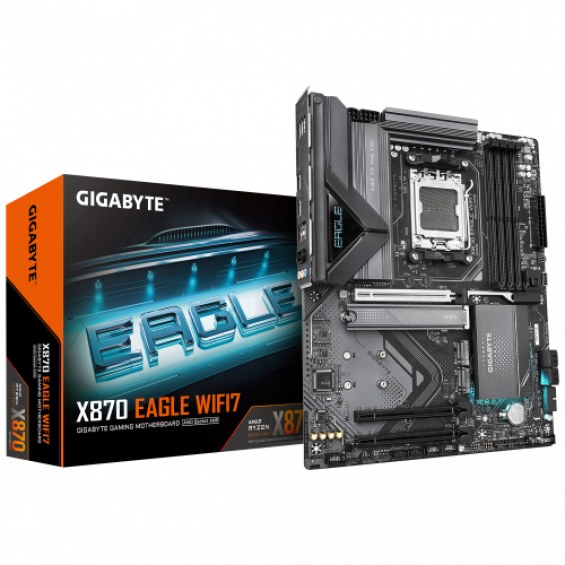 GIGABYTE Placa Base X870 EAGLE WIFI7 - Compatible con CPUs AMD Ryzen 9000, VRM de 14+2+2 fases, hasta 8000MHz DDR5 (OC), 4xPCIe 5.0 + 3xM.2, Wi-Fi 7, LAN 2.5GbE, USB 3.2 Gen 2x2