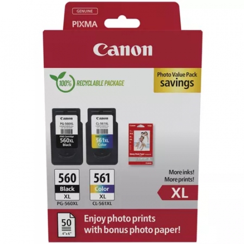 Canon Ecopack PG560XL Negro + CL561XL Color Pack de 2 Cartuchos de Tinta Originales - 50 Hojas de Papel Fotografico - 3712C008