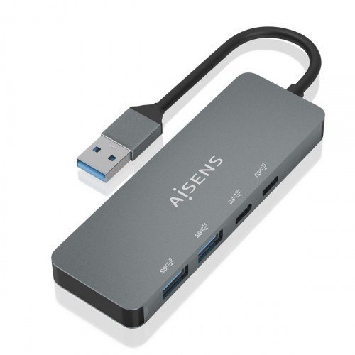 AISENS - Hub USB 3.2 Gen2 10G USB-A, USB-A/M-2xUSB-C/H-2xUSB-A/H, Gris, 15cm