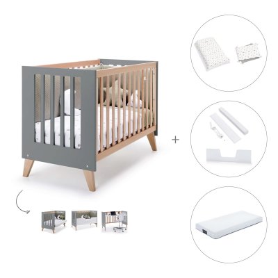 Cuna-cama colecho (4en1) 60x120 cm madera/antracita + colchón + textil Taiga · Nexor
