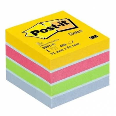 NOTAS ADHESIVAS POST-IT MINI CUBO 51X51MM AMARILLO ULTRA COMPUESTO POR LOS COLORES AMARILLO, ROSA, VERDE Y AZUL. 400HOJAS/MINICUBO