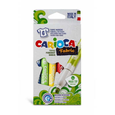 Carioca Fabric Pack de 6 Rotuladores para Tejidos - Punta Maxi Ø 6mm - Tinta Especial para Tejidos - Colores Indelebles Tras Aplicacion - Mayor Duracion y Brillo al Planchar Reverso - Color Varios