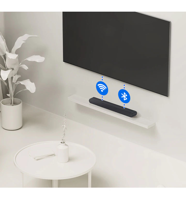 A TV and Soundbar are connected wirelessly via dotted lines with the Wi-Fi and Bluetooth symbols.