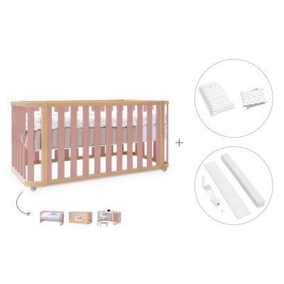 Cuna-cama colecho madera/rosa 70x140 cm (4en1) + textil Taiga · Crea Plus Due Quarzo Rosa