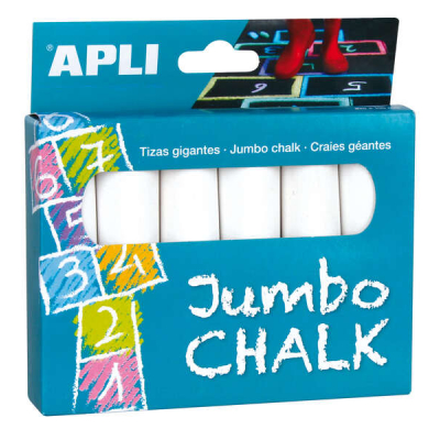Apli Pack de 6 Tizas Redondas Jumbo - Tamaño Ø 25 x 105mm - Sulfato de Calcio Bajo en Residuo - Aptas para Uso Escolar - Color Blanco