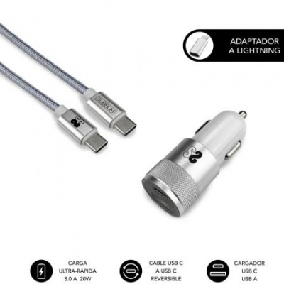 Cargador de Coche Subblim SUBCHG-5CPD10/ 1xUSB/ 1xUSB Tipo-C + Cable USB Tipo-C + Adaptador Lightning/ 3A/ Plata