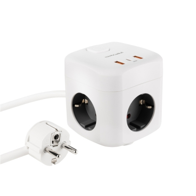 Nanocable Base de 3 Enchufes Schuko + 2x USB-A y 1x USB-C con Interruptor - Tecnologia GaN, PPS y PD 20W - Cable de 1.40m - Color Blanco