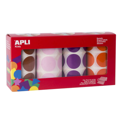 Apli Pack de 4 Rollos de Gomets Redondos Ø 33mm - 708 Gomets por Rollo - Adhesivo Permanente - 2832 Gomets en Total - Ideales para Escuelas Infantiles - Colores Marron, Rosa, Lila y Naranja