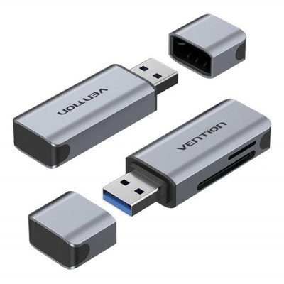 Vention Lector de Tarjetas TF y SD - USB-A 3.0 - Aluminio - Plug and Play - Color Gris