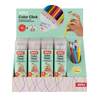 Apli Color Clik Expositor con 12 Pack de 12 Portaminas con Minas de Colores 2.6mm + 12 Recambios + 1 Sacapuntas - Forma Redonda - Colores Surtidos
