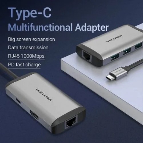 Docking USB Tipo-C Vention CNCHB/ 1xHDMI/ 3xUSB/ 1xUSB Tipo-C/ 1xRJ45/ Gris