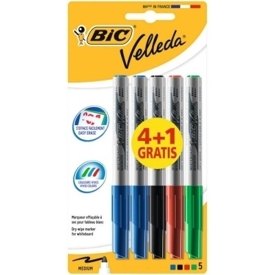 Bic Velleda 1741 4+1 Pack de 5 Rotuladores para Pizarra - Punta Media - Trazo de 1.4mm - Borrado Optimo - Colores Surtidos
