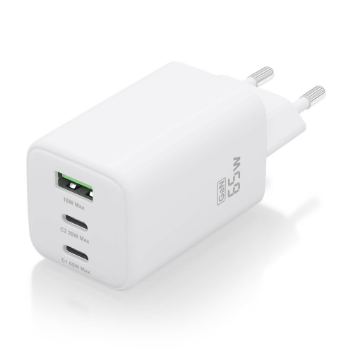 AISENS - CARGADOR GaN 65W, 2xUSB-C PD3.0 QC4.0, 1xUSB-A QC3.0, BLANCO