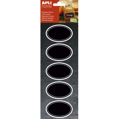 Apli Etiquetas Pizarra Ovaladas 65x41mm - Adhesivo Removible - 2 Hojas (10 Etiquetas) - Escritura con Tiza Liquida o Convencional - Borrado Facil - Ideal para Tarros, Macetas, Regalos - Color Negro