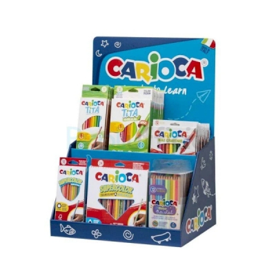 Carioca Expositor Lapices de Colores Incluye 12 Tita Box 12uds, 12 Tita Triangular Box 24uds, 4 Maxi Wax Crayons 24uds, 12 Pastel Bicolor Pencil Box 12uds, 12 Supercolor Pencils Box 12uds, 12 Supercol